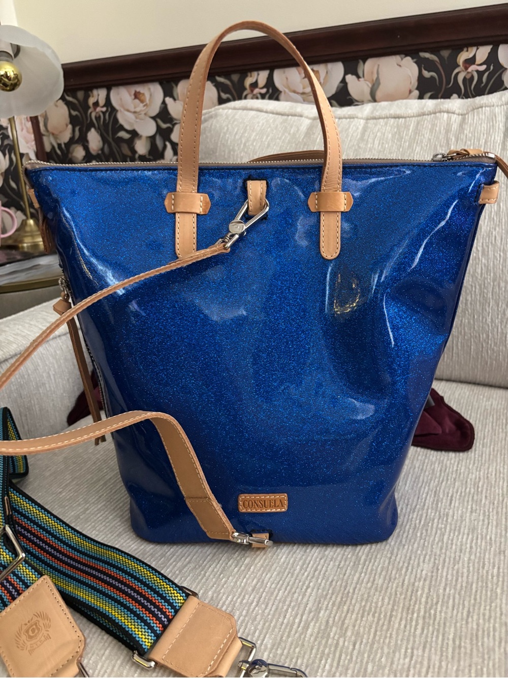 Consuela Liv Sling Bucket Bag Embroidered Blue Pink Zebra Leopard - Picture 3 of 15